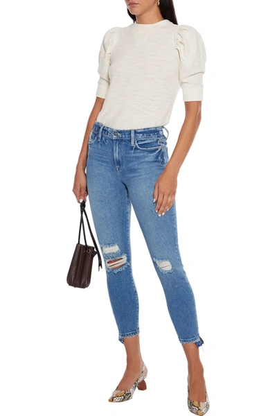 Frame Le High Skinny Cropped Distressed High-rise Skinny Jeans In Mid Denim