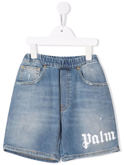 Palm Angels Kids' Distressed Denim Shorts In Blue