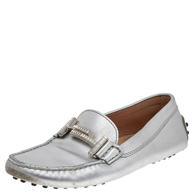 Pre-owned Tod's Silver Leather Slip On Loafers Size 36