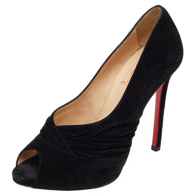 Pre-owned Christian Louboutin Black Suede Ruched Detail Drapadita Peep Toe Pumps Size 37.5