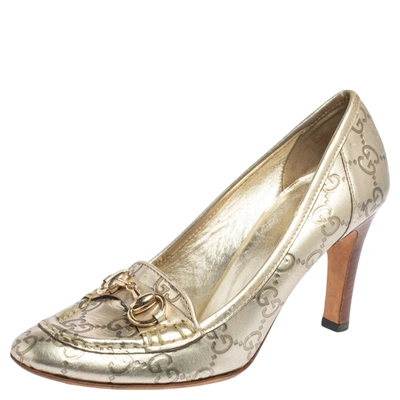 Pre-owned Gucci Ssima Leather Horsebit Loafer Pumps Size 36 In Gold
