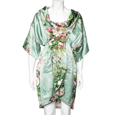 Pre-owned Kenzo Mint Green Floral Print Linen Blend Double Breasted Coat M