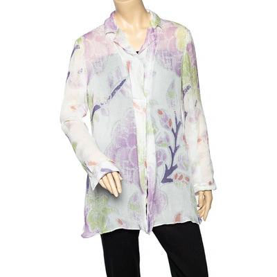 Pre-owned Giorgio Armani White Printed Silk Chiffon Single Button Shirt L