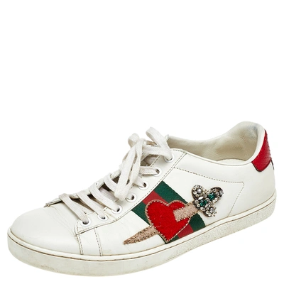 Pre-owned Gucci White Leather Ace Appliqué Embellished Low Top Sneakers Size 38
