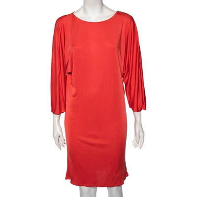 Pre-owned Ralph Lauren Coral Orange Silk Scoop Neck Detail Shift Dress M