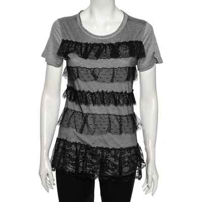 Pre-owned Red Valentino Grey Ruffled Lace And Jersey Short Sleeve T Shirt M