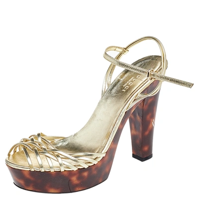 Pre-owned Gucci Metallic Gold Leather Strappy Platform Sandals Size 38