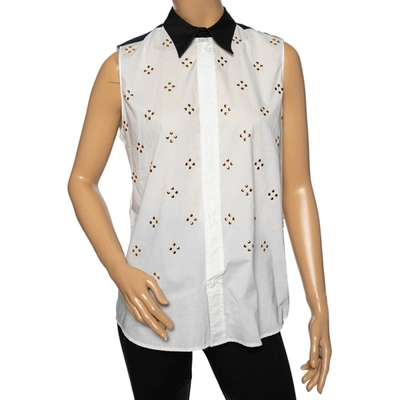 Pre-owned Marni White Embellished Poplin Contrast Collar & Yoke Detailed Sleeveless Shirt M