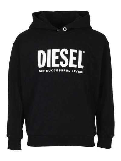 Diesel Teen Logo Print Loopback Cotton Hoodie In Black