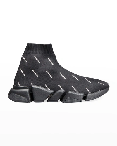 Balenciaga Men's Speed 2.0 Knit High-top Sock Sneakers In Noir/ecru Logo