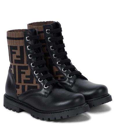 Fendi Kids' Ff Jacquard And Leather Ankle Boots In Black