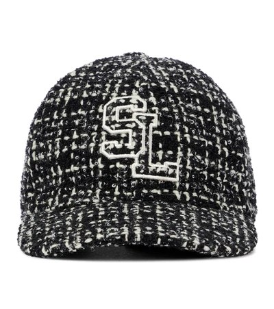 Saint Laurent Logo Embroidered Tweed Cap In Black Ivory