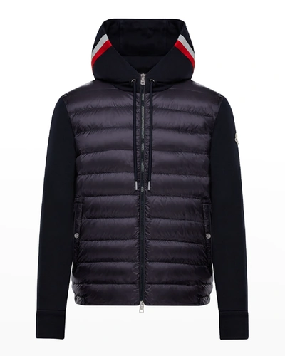 Moncler Slim-fit Panelled Quilted Shell Down And Ribbed Wool-blend Hooded Jacket In Blue