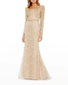 Mac Duggal Embroidered Applique Shoulder Detail Trumpet Gown In Light Gold