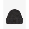 Allsaints Womens Charcoal Grey Farren Logo-patch Ribbed Knitted Beanie Hat 1 Size
