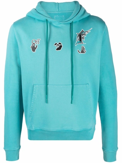 Off-white X Mlb Florida Marlins Logo-print Hoodie In Lake Blue Black White (blue)