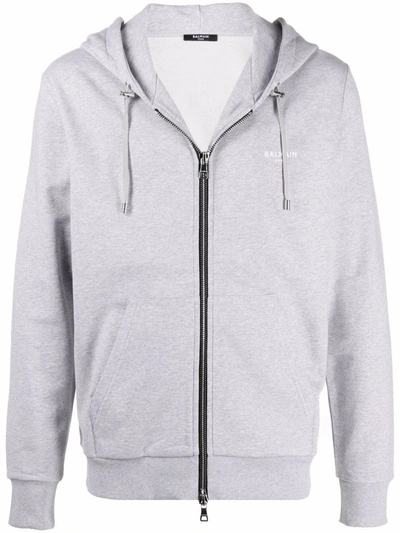 Balmain Embroidered-logo Cotton Hoodie In Grey