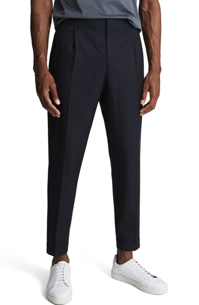 Reiss Brighton Cropped Relaxed Fit Pleated Trousers In Navy