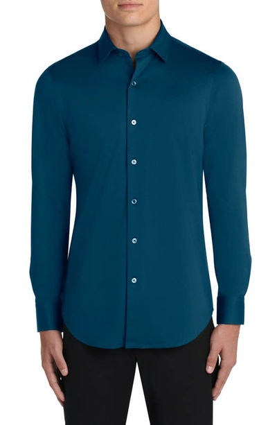 Bugatchi Tech Solid Knit Stretch Cotton Button-up Shirt In Peacock