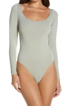 Skims Essential Long Sleeve Thong Bodysuit In Agave