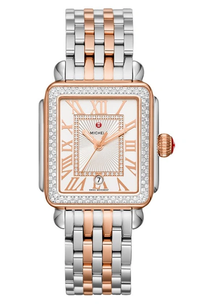 Michele Women's Deco Madison Two-tone 18k Rose Gold Sterling Silver & Diamond Bracelet Watch In Rose Gold/silver