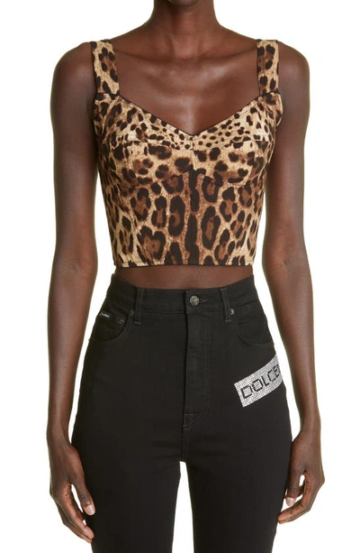 Dolce & Gabbana Diva Leopard-print Silk-blend Charmeuse Bustier Top In Brown