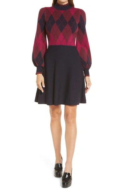 Eliza J Argyle Long Sleeve Fit & Flare Dress In Navy