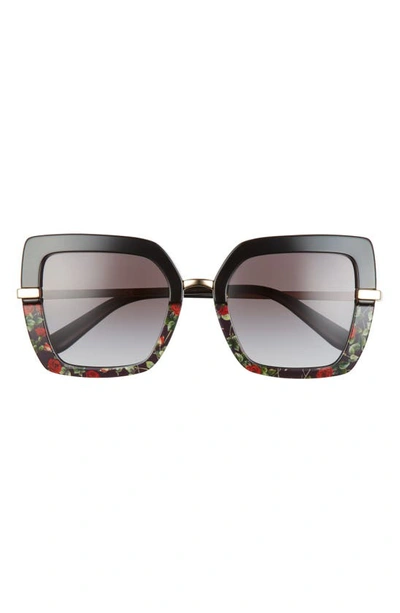 Dolce & Gabbana 52mm Square Sunglasses In Black/ Red Roses/ Grad Black