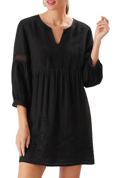 Tommy Bahama St. Lucia Split Neck Linen Blend Cover-up Dress In Black