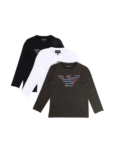 Emporio Armani Three Teen T-shirts Set With Crew Neck, Frontal Logo And Long Sleeve In Nero
