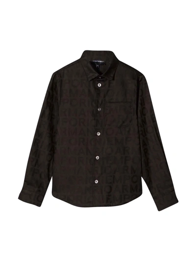 Emporio Armani Kids' Black Shirt With Logo Press, Round Hem And Button Closure In Verde