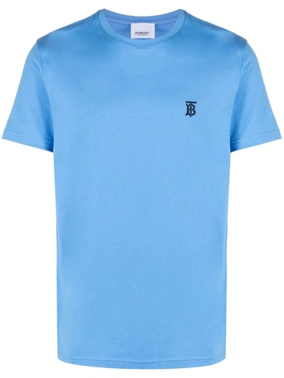Burberry Embroidered Logo Cotton T-shirt In Blue