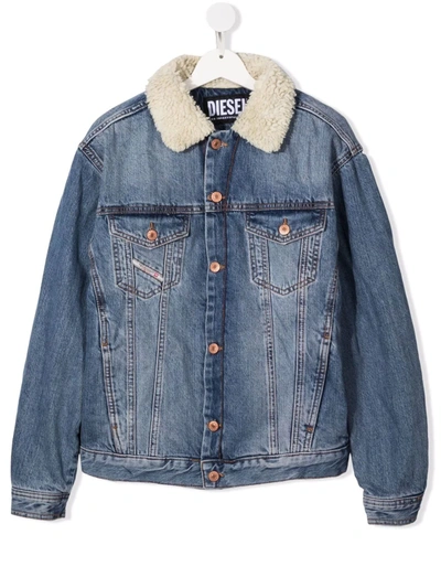 Diesel Kids' Giacca In Denim Con Colletto E Interno In Teddy In Blue