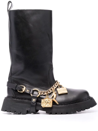 Moschino Iconic Charm Leather Boots In Black