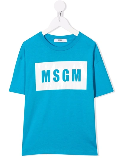 Msgm Teen Box Logo-print Cotton T-shirt In Blue