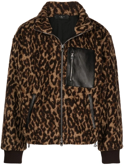 Amiri Leather-trim Leopard-print Fleece Jacket In Brown