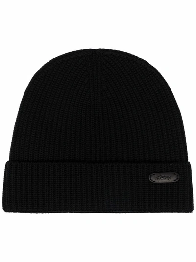 Brioni Logo Leather Tag Wool Beanie Hat In Azul