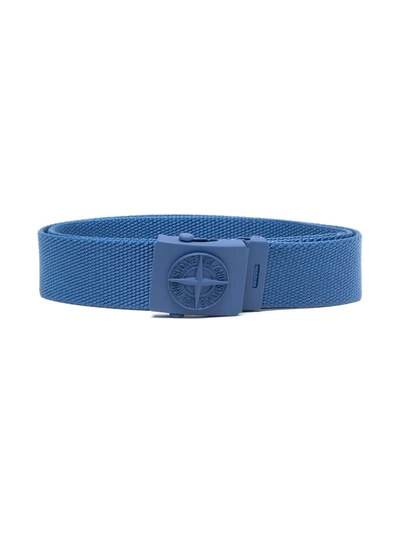 Stone Island Kids' Logo-buckle Canvas Belt In Blue