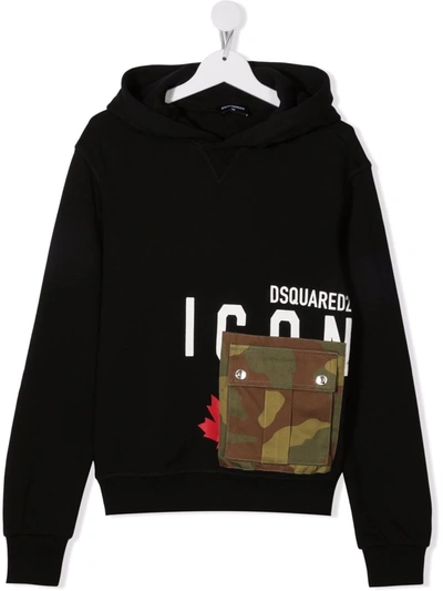 Dsquared2 Teen Logo-print Flap-pocket Hoodie In Black