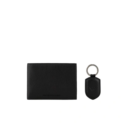 Emporio Armani Black Leather Wallet+keychain Set In Schwarz