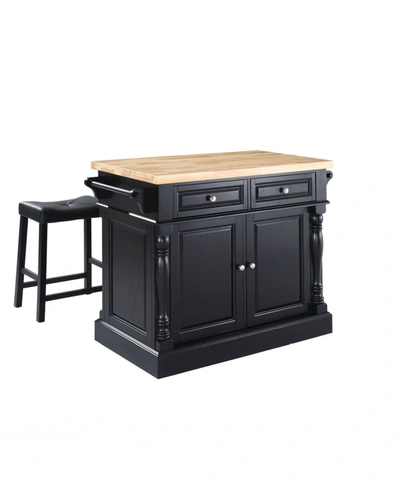 Crosley Oxford Butcher Block Top Kitchen Island With 24" Upholstered Square Seat Stools In Black