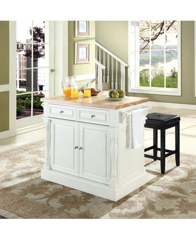 Crosley Oxford Butcher Block Top Kitchen Island With 24" Upholstered Square Seat Stools In White