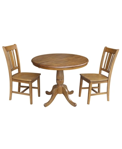 International Concepts 36" Round Top Pedestal Ext Table With 12" Leaf And 2 Rta Chairs In Brown