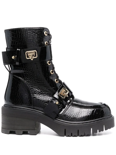 Chiara Ferragni Embossed-croco Ankle Boots In Black