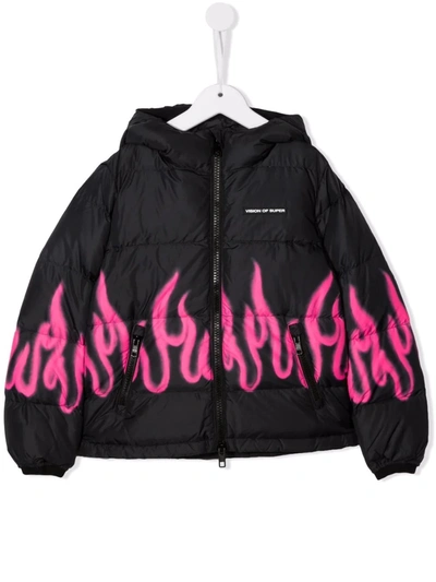 Vision Of Super Kids' Flames Print Padded Jacket In Black
