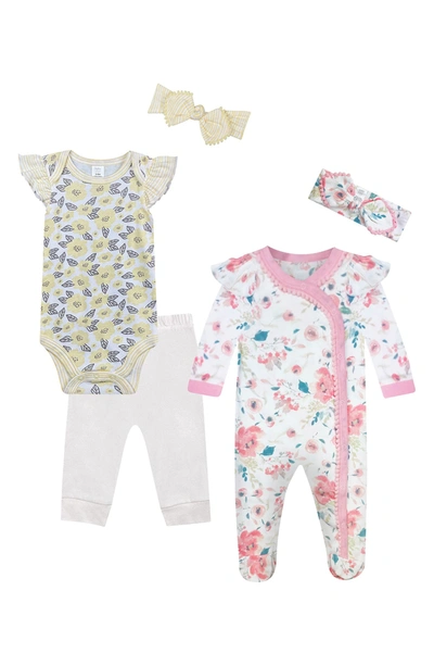 Baby Kiss Babies' Floral Print Cotton Layette Set In Pink/ Yellow