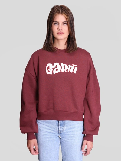 Ganni Logo-print Balloon-sleeved Sweatshirt In Merlot