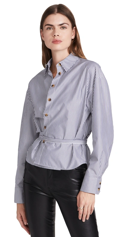 A.w.a.k.e. Striped Belted Wrap Cropped Shirt In White Navy Striped