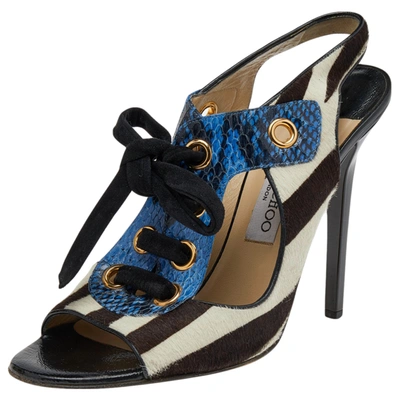 Pre-owned Jimmy Choo Multicolor Calf Hair And Python Leather Lace Up Sandals Size 40