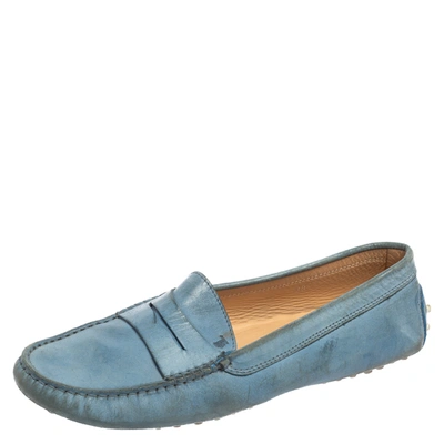 Pre-owned Tod's Light Blue Leather Penny Slip On Loafers Size 39